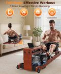 Water Rowing Machine For Home Gym With Foldable Wooden Frame 400 Lb Capacity in use by a man demonstrating full body workout