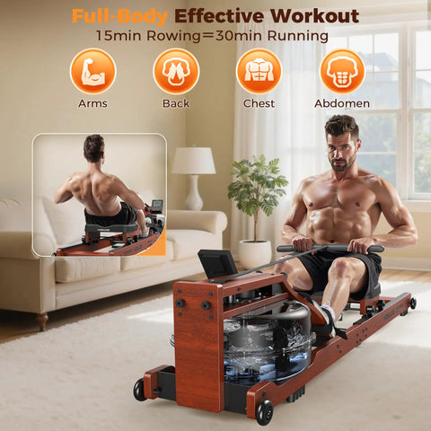 Water Rowing Machine For Home Gym With Foldable Wooden Frame 400 Lb Capacity in use by a man demonstrating full body workout