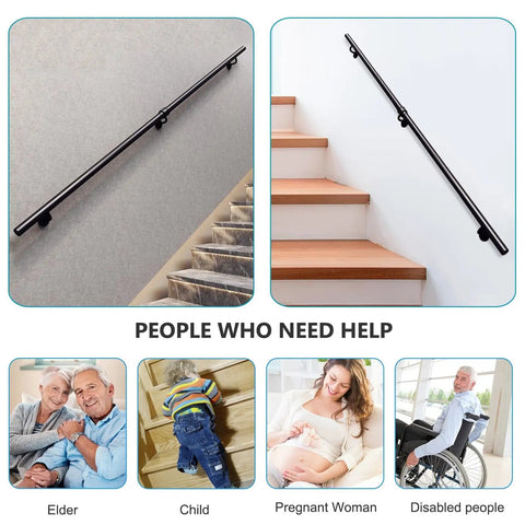 Heavy Duty Black Metal Stair Railing Wall Mounted Non Slip Handrail For Indoor Outdoor Stairs Solid Safety Grab Bar on smooth wall and stairs.