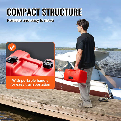 Man carrying Marine Outboard Fuel Transfer Tank 3.17-Gallon With 9.8-Foot Hose, Gauge, And Yamaha Connector Compatibility