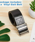 Vinyl Gait Belt Transfer for 60 Inch Assistance Devices with Metal Buckle on wooden surface, package includes text