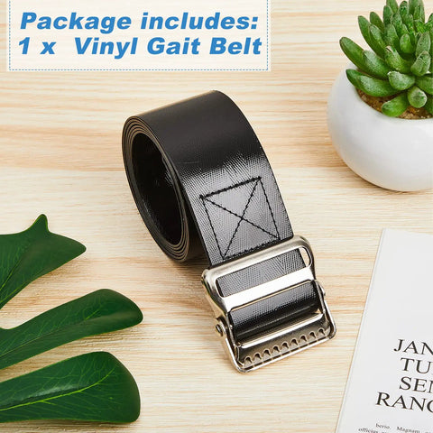 Vinyl Gait Belt Transfer for 60 Inch Assistance Devices with Metal Buckle on wooden surface, package includes text