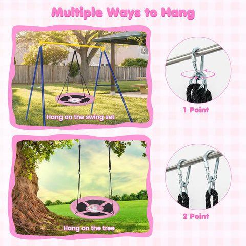 40 Inch Pink Unicorn Saucer Swing for Kids With Adjustable Ropes and 2 Carabiners Waterproof 900D Oxford Cloth shown on swing set and tree