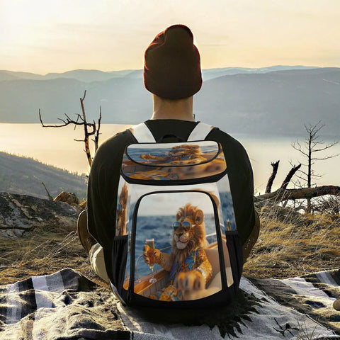 Man with Yacht Inspired Insulated Cooler Backpack With Leakproof Waterproof Design 30 Can Capacity on mountain hike
