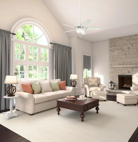 52 Inch White Indoor Ceiling Fan With LED Light And Pull Chain, Standard Mount, 5 Blades in elegant living room setup