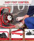 Heavy Duty Electric Drain Snake Machine With 75 Foot Steel Core Cable For Home And Shop Use, featuring ergonomic handle and wheels.