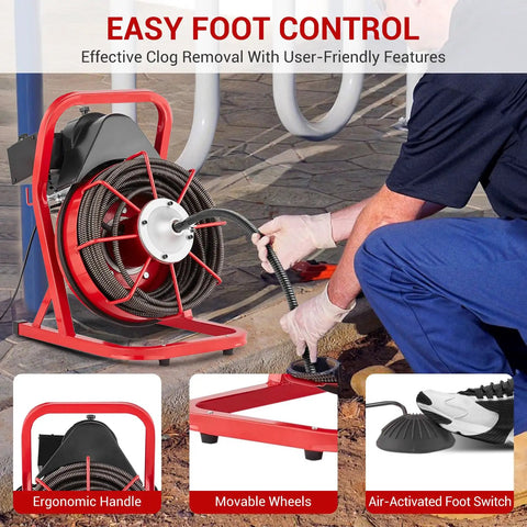 Heavy Duty Electric Drain Snake Machine With 75 Foot Steel Core Cable For Home And Shop Use, featuring ergonomic handle and wheels.
