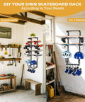 Wall Mounted Skateboard Rack Secures Four Boards And Helmets With Heavy Duty Angled Steel Arms in workshop setting.