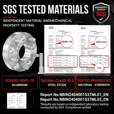 Dead On 2 Inch Wheel Adapters Converting 8X6.5 To 8X180 Bolt Patterns With 117Mm Center Bore And M14x1.5 Threads showcased with SGS test report.