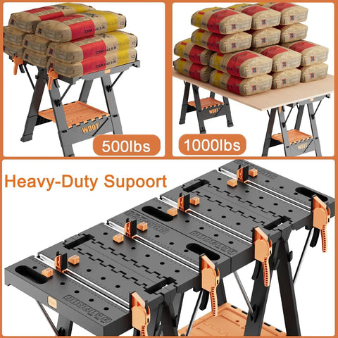 Collage showing the 2-In-1 Folding Work Bench And Sawhorse For Quick Setup Portable Work Table with heavy-duty support demonstrations.