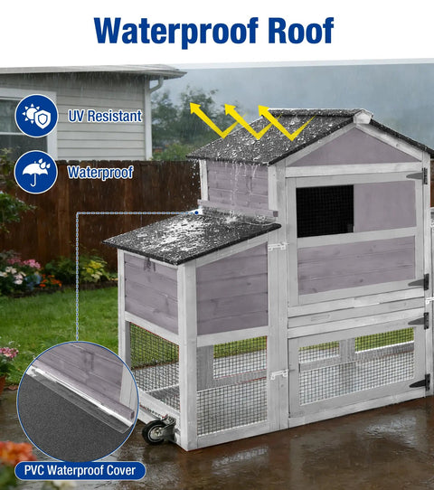 Mobile Chicken Coop With Run And Wheels showing waterproof roof, UV resistant, with a duplex cage and slide out tray for backyard use.