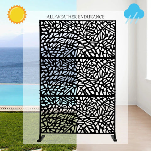 Sturdy Metal Privacy Screen 74 Inch High By 47.2 Inch Wide Outdoor Divider with Black Organic Fracture Finish by poolside