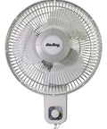 Front view of Commercial Grade Oscillating Wall Mount Fan, 12 Inch White Workhorse with metal front grill and 3-speed control