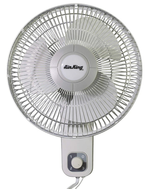 Front view of Commercial Grade Oscillating Wall Mount Fan, 12 Inch White Workhorse with metal front grill and 3-speed control