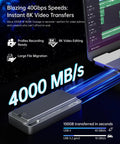 Blazing Fast 40Gbps USB4 NVMe Enclosure With Heavy Duty Triple Cooling Aluminum Shield For Thunderbolt 4 And 3 Portable Rugged External SSD Drives Pro Maker Total Game Changer showing 4000 MB/s speed with laptop connection.