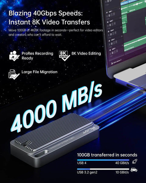 Blazing Fast 40Gbps USB4 NVMe Enclosure With Heavy Duty Triple Cooling Aluminum Shield For Thunderbolt 4 And 3 Portable Rugged External SSD Drives Pro Maker Total Game Changer showing 4000 MB/s speed with laptop connection.