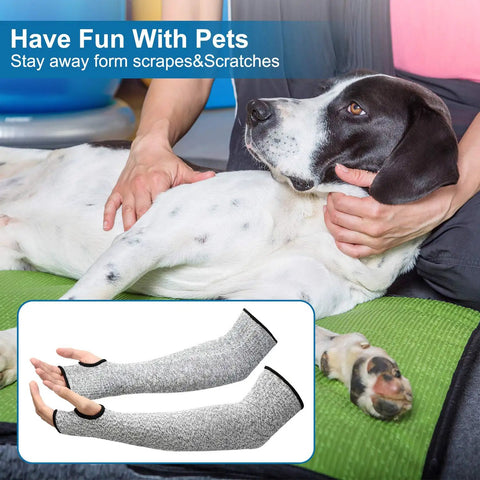 Arm Protection Sleeves Level 5 Cut Two Pairs Heat Resistant Protectors close-up with person holding a black and white dog.