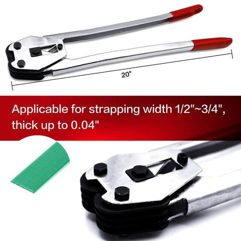 Beefy PET Strapping Sealer And Crimper For One-Half To Three-Quarter Inch Plastic Straps With Twenty Inch Extension Handle Ergonomic All Steel Manual Banding Tool For Fast Polypropylene Strap Sealing, 20 inch handle