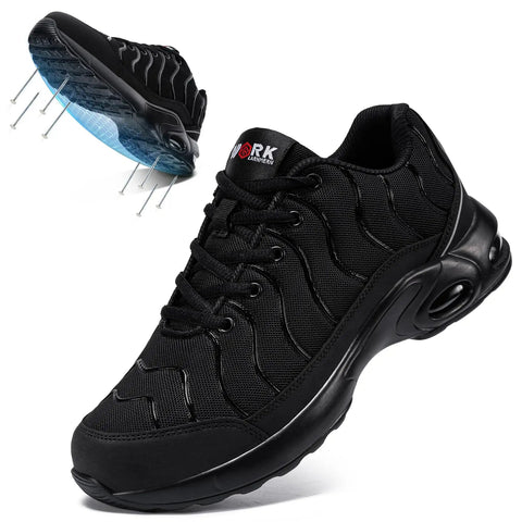Men's Steel Toe Work Sneakers Comfortable Lightweight Safety Shoes With Breathable Mesh Puncture Resistant Midsole And Slip Resistant Outsole For Tough Jobs in black with mesh detail and puncture-resistant feature