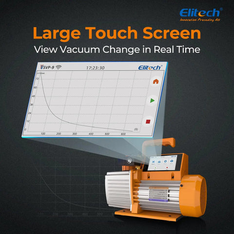 Heavy Duty 9 Cfm Hvac Vacuum Pump With 1 Hp Dual Stage Rotary Vane Motor and external micron gauge with 4 inch touchscreen display.