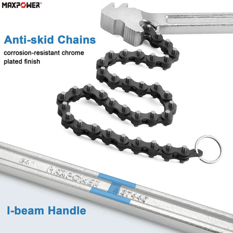 24 Inch Chain Wrench With 6.3 Inch Pipe Capacity Heavy Duty Chromium Vanadium Steel I Beam Handle Anti Skid Chrome Chain