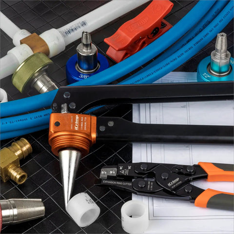 Killer PEX Expansion Tool Kit For F1960 ProPEX Systems with manual expander, indexed rotating heads, and radial pipe cutter displayed.