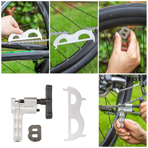 Split image of tools from 30 Piece Bike Repair Kit With Carry Case For Road And Mountain Bikes in use on bike components.