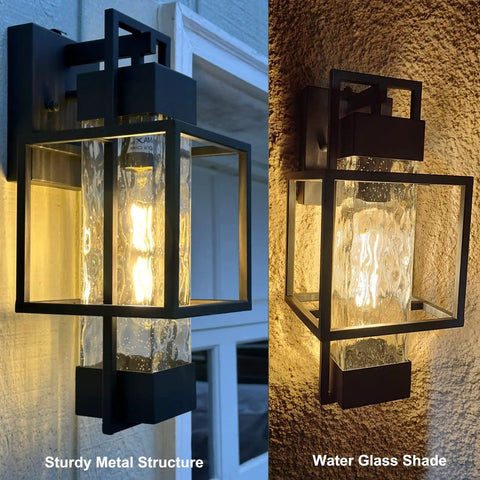 Modern Outdoor Wall Sconces 2 Pack With Dusk To Dawn Sensor Bubble Glass Waterproof Exterior Porch Lights showing sturdy metal structure and water glass shade.