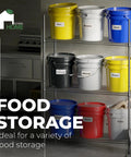 Food storage setup with colored Beefy 5 Gallon Food Grade Bucket With Lid Heavy Duty 90 Mil Pail Metal Handles With Plastic Grip Multi Use Storage BPA Free Stackable For Easy Stacking And Storing 6 Pack on shelves.