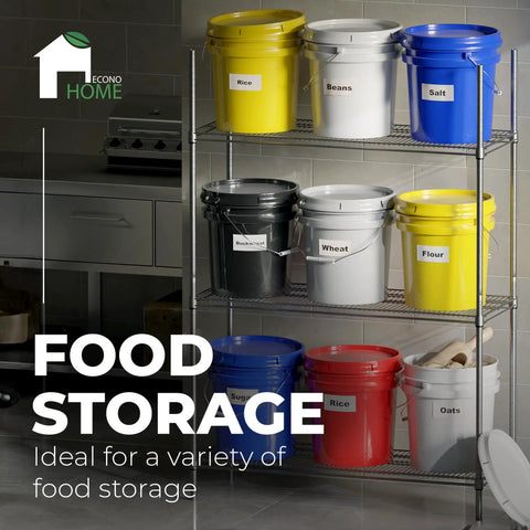 Food storage setup with colored Beefy 5 Gallon Food Grade Bucket With Lid Heavy Duty 90 Mil Pail Metal Handles With Plastic Grip Multi Use Storage BPA Free Stackable For Easy Stacking And Storing 6 Pack on shelves.