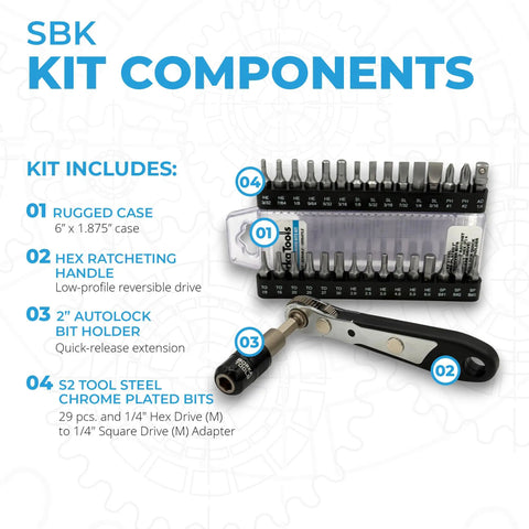 33 Piece Ratcheting Screwdriver Kit With Quick Swap Autolock Holder And Heavy Duty S2 Steel Bits in a rugged case with hex handle and bits.