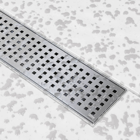 36 Inch Stainless Steel Linear Shower Drain With Square Grate, Corrosion Resistant 304 Grade Construction, Sloped Self Cleansing Channel