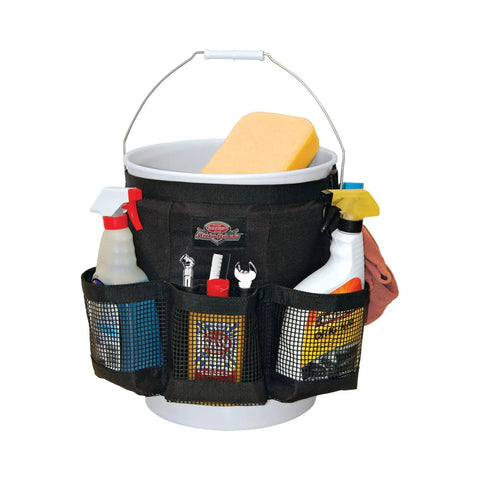 Exterior Bucket Organizer For 5 Gallon Buckets With Dope Quick Dry Mesh Pockets For Car Supplies Keeps Soap And Water In The Bucket While Wet Gear Dries Fast Black AB30060, shown with spray bottles, sponge, and tools.