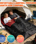 Two Person Double Sleeping Bag With Two Pillows, Split Into Two Individual Bags Or One Queen Blanket in outdoor tent setup