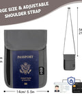 Gray Travel Neck Wallet With Adjustable Strap And RFID Blocking Passport Holder shown with measurements and features.