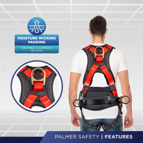 Fall Protection Full Body 5 Point Harness With Padded Back Support Quick Connect Buckle Grommet Leg Straps Back And Side D Rings OSHA ANSI Industrial Roofing PPE For Pros