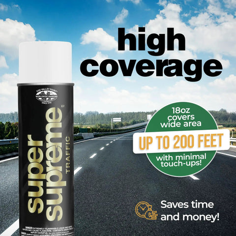 Traffic Marking Spray Paint 18oz 12-Pack White Quick-Dry Formula with road background and high coverage text