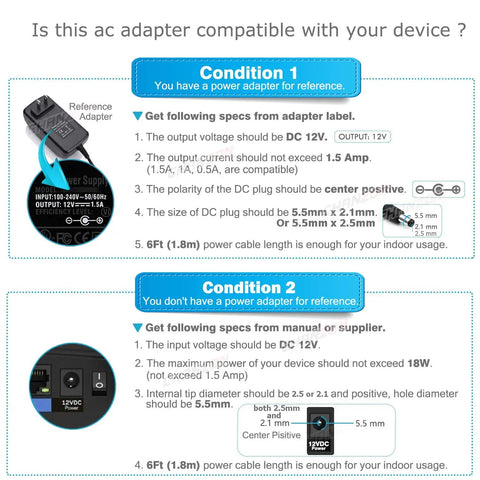 Diagram showing compatibility guidelines for 12V 1.5A UL Listed 18W AC DC Power Supply Adapter for CCTV Cameras with input/output specs.