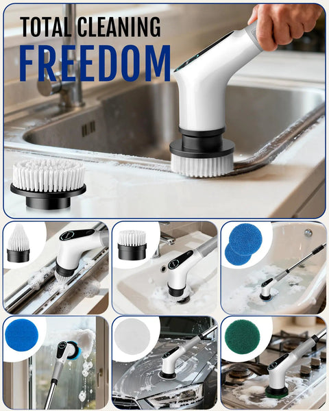 Electric Spin Scrubber With 8 Replaceable Brush Heads Extension Handle 2 Speed Power Cleaning Tool For Shower Bathtub Tile And Grout 90 Minute Run Time White in use