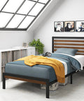 Solid Bamboo And Steel Platform Bed Frame With Sleek Headboard In Toasty Brown Twin Size, featuring cozy bedding and modern design.