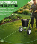 50Lb Capacity Walk Behind Fertilizer Spreader For Lawn Care With Hopper Screen And Rain Cover All Season Ready For Yard Work showing 0 to 10 ft spreading width on green lawn
