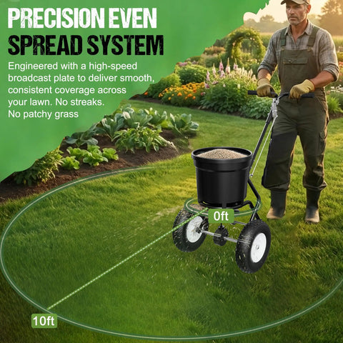 50Lb Capacity Walk Behind Fertilizer Spreader For Lawn Care With Hopper Screen And Rain Cover All Season Ready For Yard Work showing 0 to 10 ft spreading width on green lawn