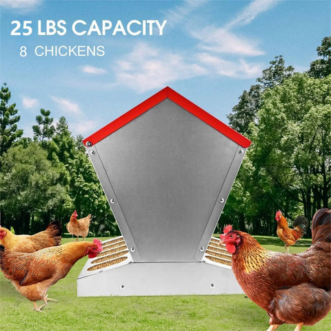 Heavy Duty Galvanized Chicken Feeder Rat Proof Poultry Food Dispenser With Secure Lid Weatherproof Coop Feeder For Your Backyard Flock with 25 lbs capacity for 8 chickens.