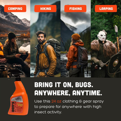 Image of Long Lasting Insect Repellent For Outdoor Clothes And Gear With Zero Point Five Percent Permethrin, 24 oz bottle with adventurers.