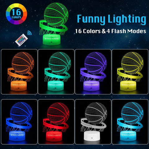 Basketball 3D Illusion Night Light with 16 color dimmable LEDs remote control and smart touch, changing colors.