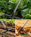 Ultra Sharp Serrated Stainless Steel Weeding Tool with adjustable handle in weeding, aeration, and cleanup modes in garden scenes.