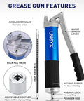 8000 PSI Heavy Duty Lever Action Grease Gun Kit With 14oz Aluminum Barrel showing hose, coupler and valve features