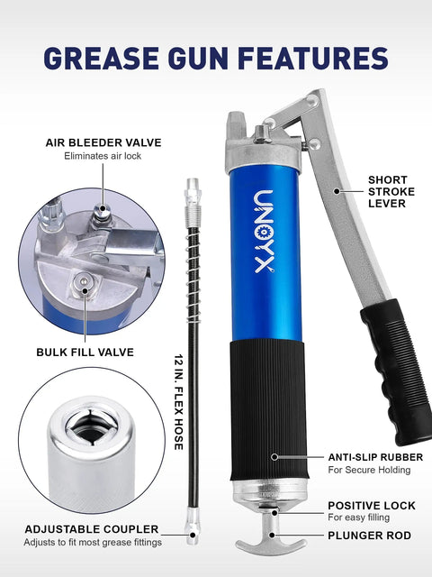 8000 PSI Heavy Duty Lever Action Grease Gun Kit With 14oz Aluminum Barrel showing hose, coupler and valve features