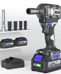 Beefy 600 Nm Half Inch Cordless Impact Wrench Kit With Two 4Ah Batteries, 450 Foot Pounds Max Torque, Four Sockets, Portable Carrying Case