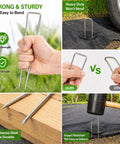 Heavy Duty Garden Stakes Kit With Washers for Windy Areas, 6 Inch 11 Gauge Galvanized Landscape Staples shown securing fabric